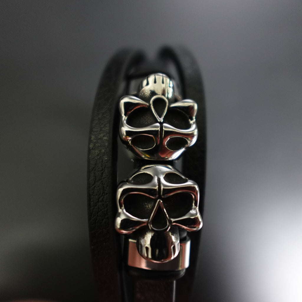 Stainless Steel Leather Bracelet W/ Skulls Accent SBR-788