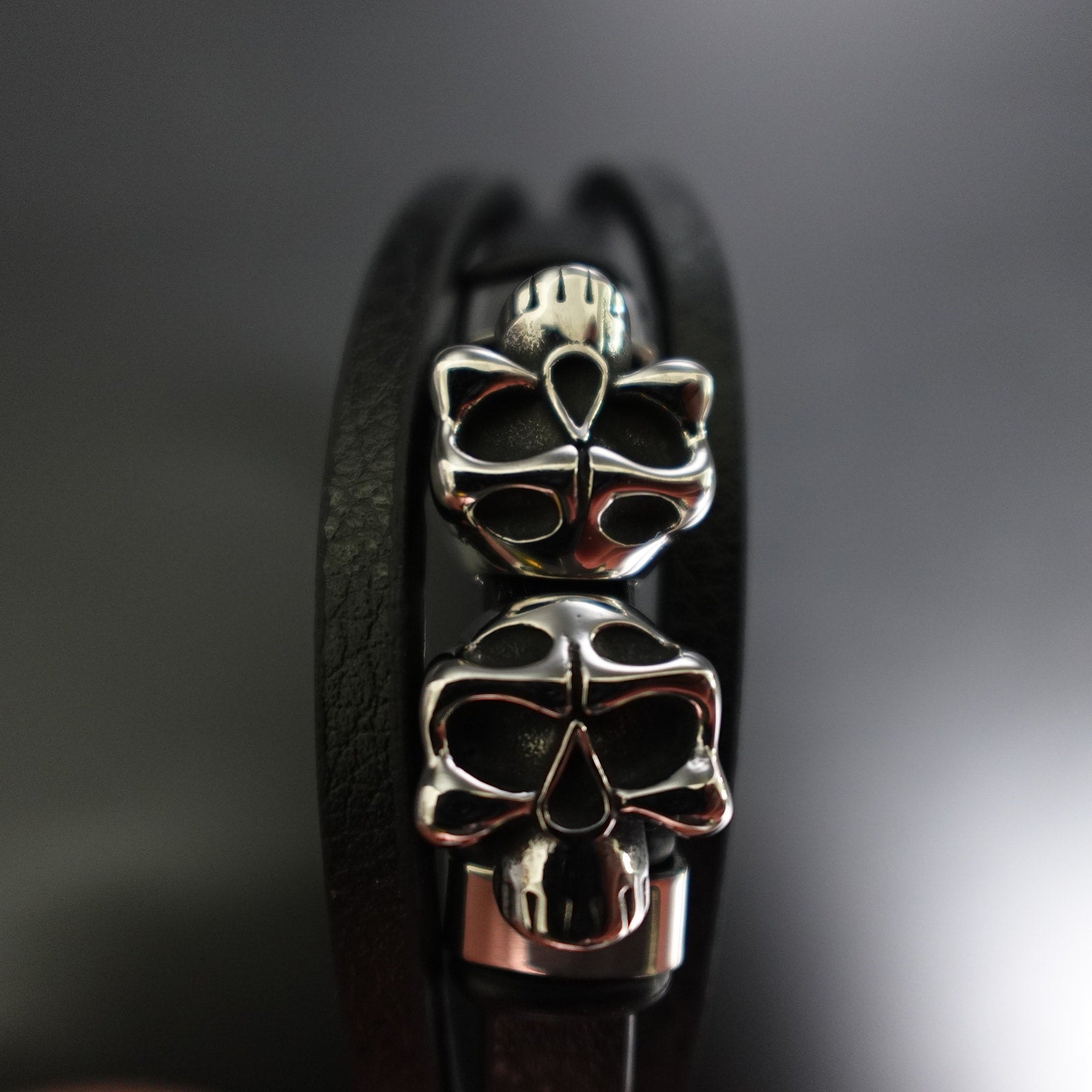 Stainless Steel Leather Bracelet W/ Skulls Accent SBR-788