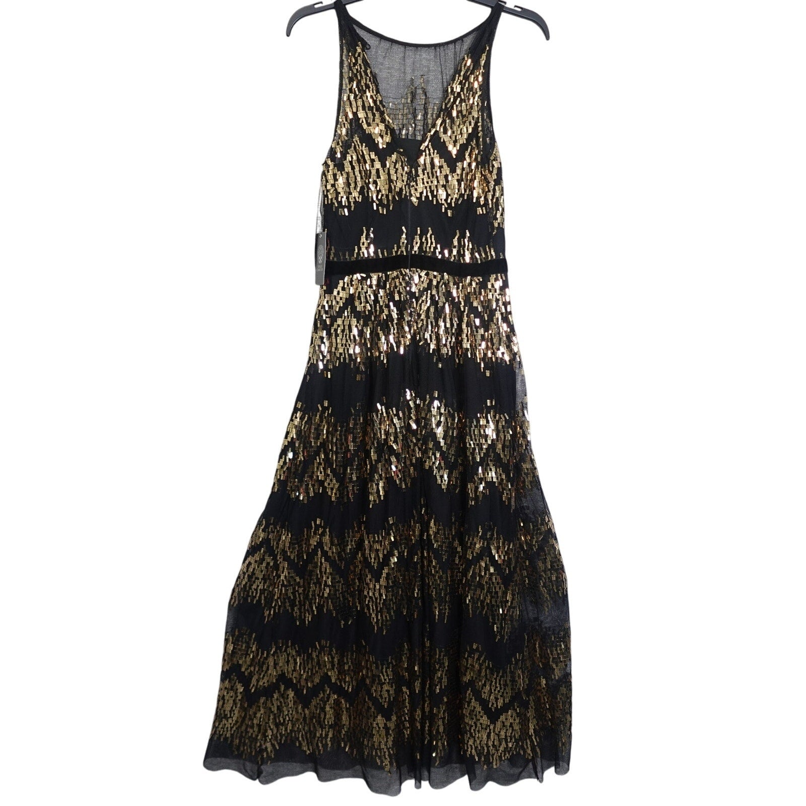 Vince Camuto Size 2 sequin illusion-neck midi dress in black and gold