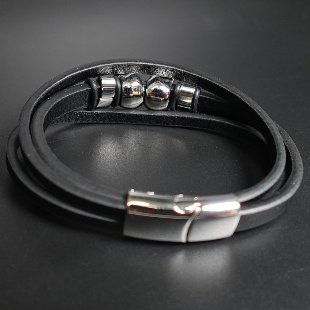 Stainless Steel Leather Bracelet W/ Skulls Accent SBR-788