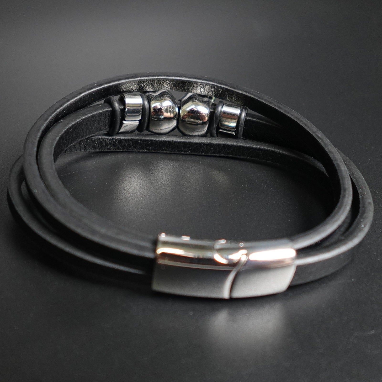 Stainless Steel Leather Bracelet W/ Skulls Accent SBR-788