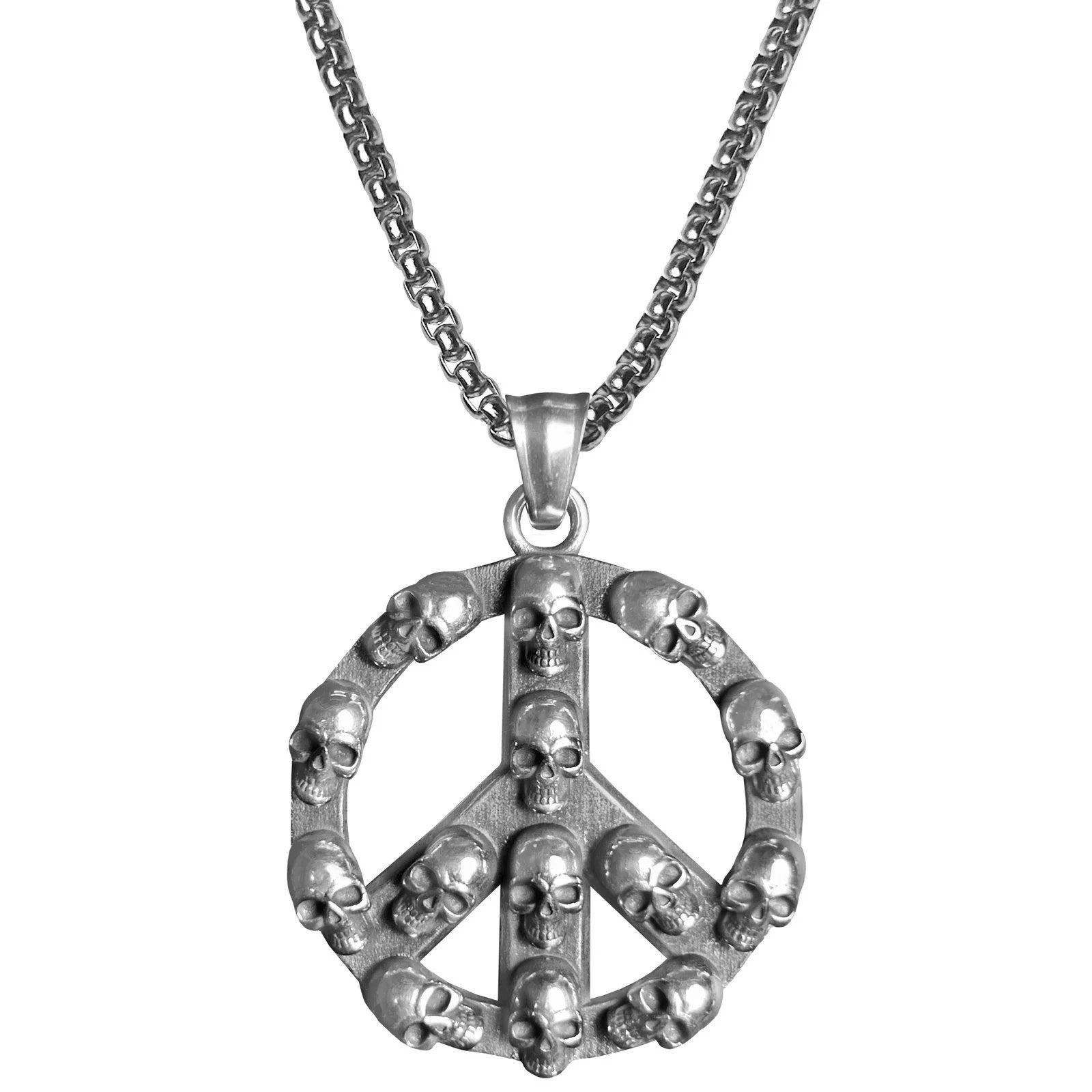 Gun Metal Stainless Steel Skulls on Peace Sign Necklace schain-822