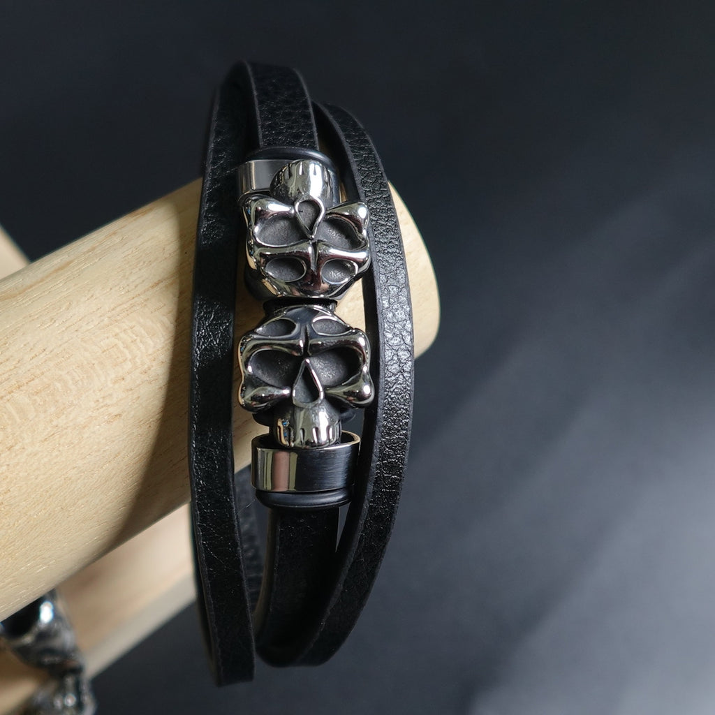 Stainless Steel Leather Bracelet W/ Skulls Accent SBR-788