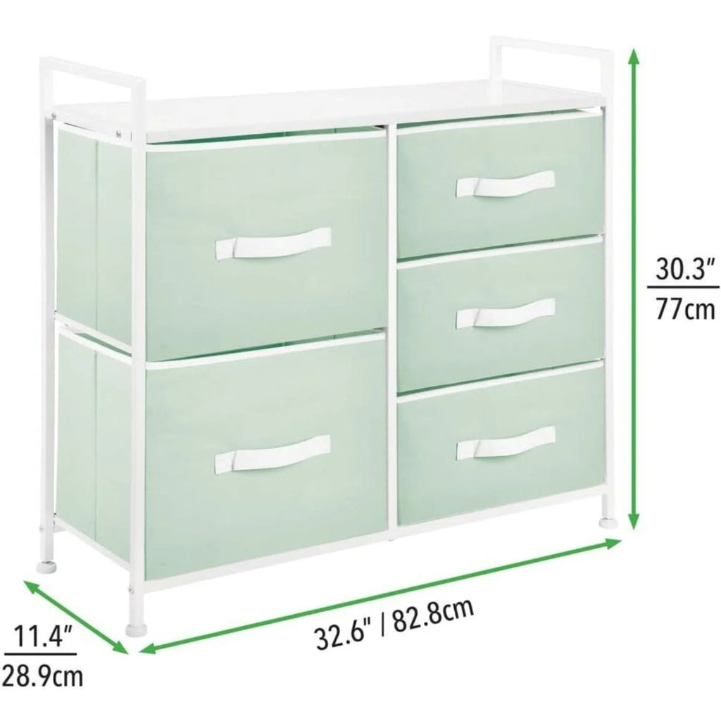 mDesign 5 Drawer Fabric Storage Dresser Wood Top Steel Frame Mint Green NEW