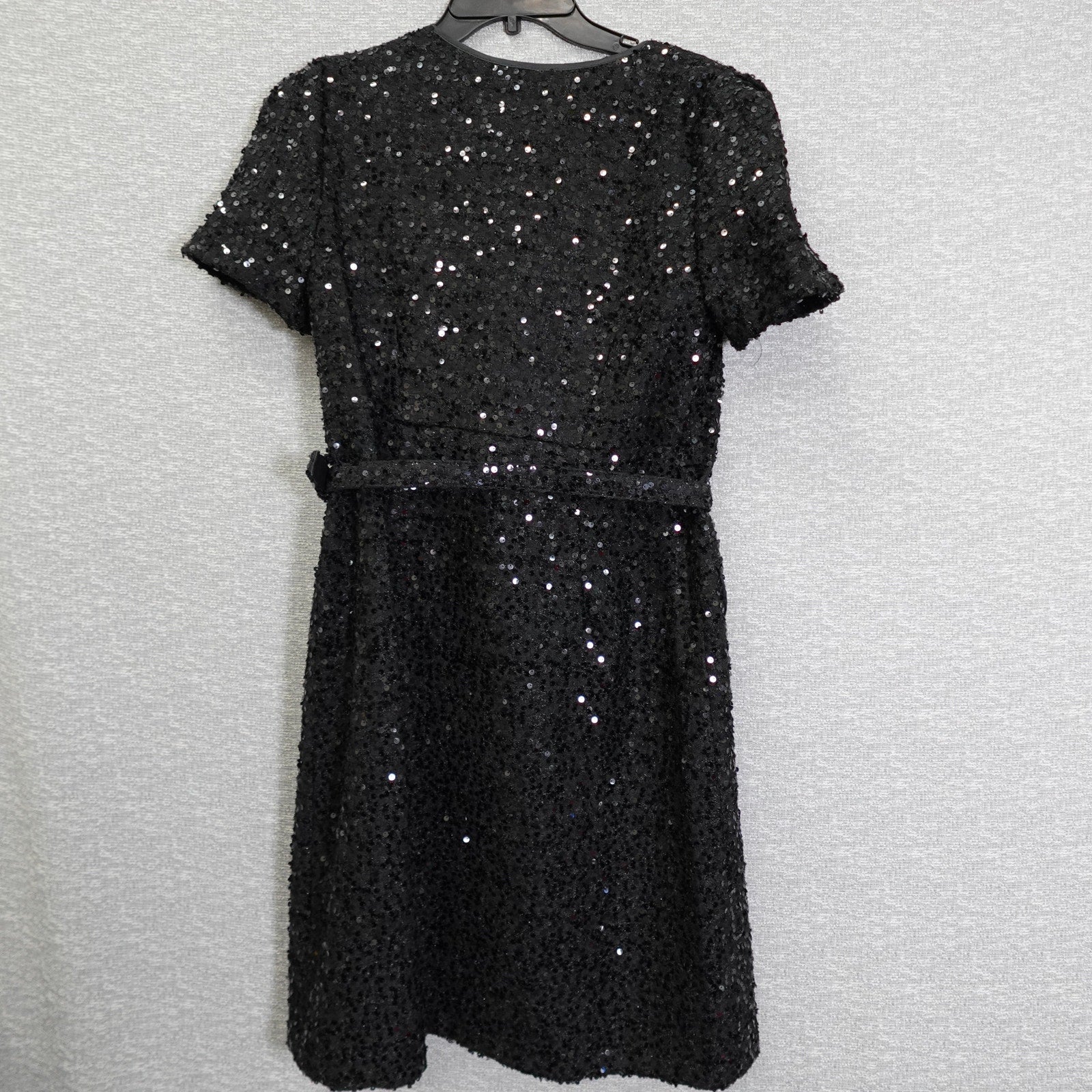 Donna Karan New York Size 10 Black Sequin Short Sleeve Button Up Belted Dress NWT