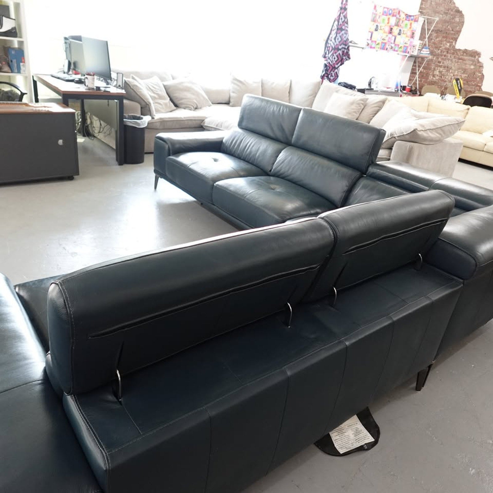 Abbyson Quinton Top Grain Leather Sectional with Adjustable Headrests, Blue