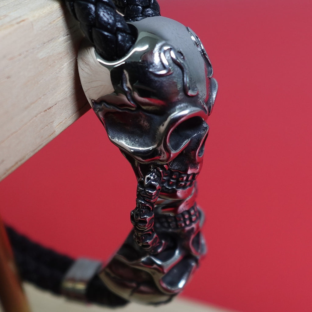 Black Braided Leather Stainless Steel Skull Bracelet DB-1233