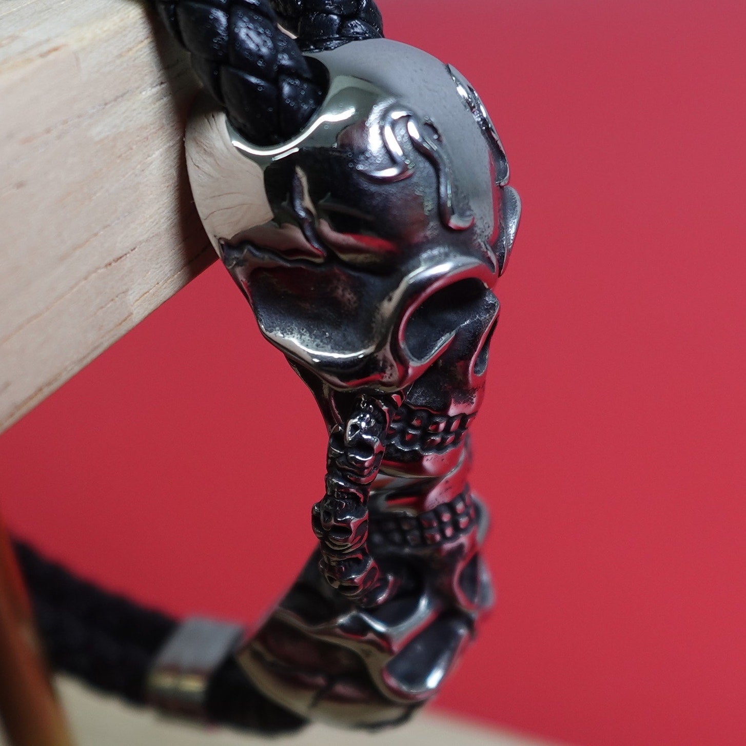 Black Braided Leather Stainless Steel Skull Bracelet DB-1233