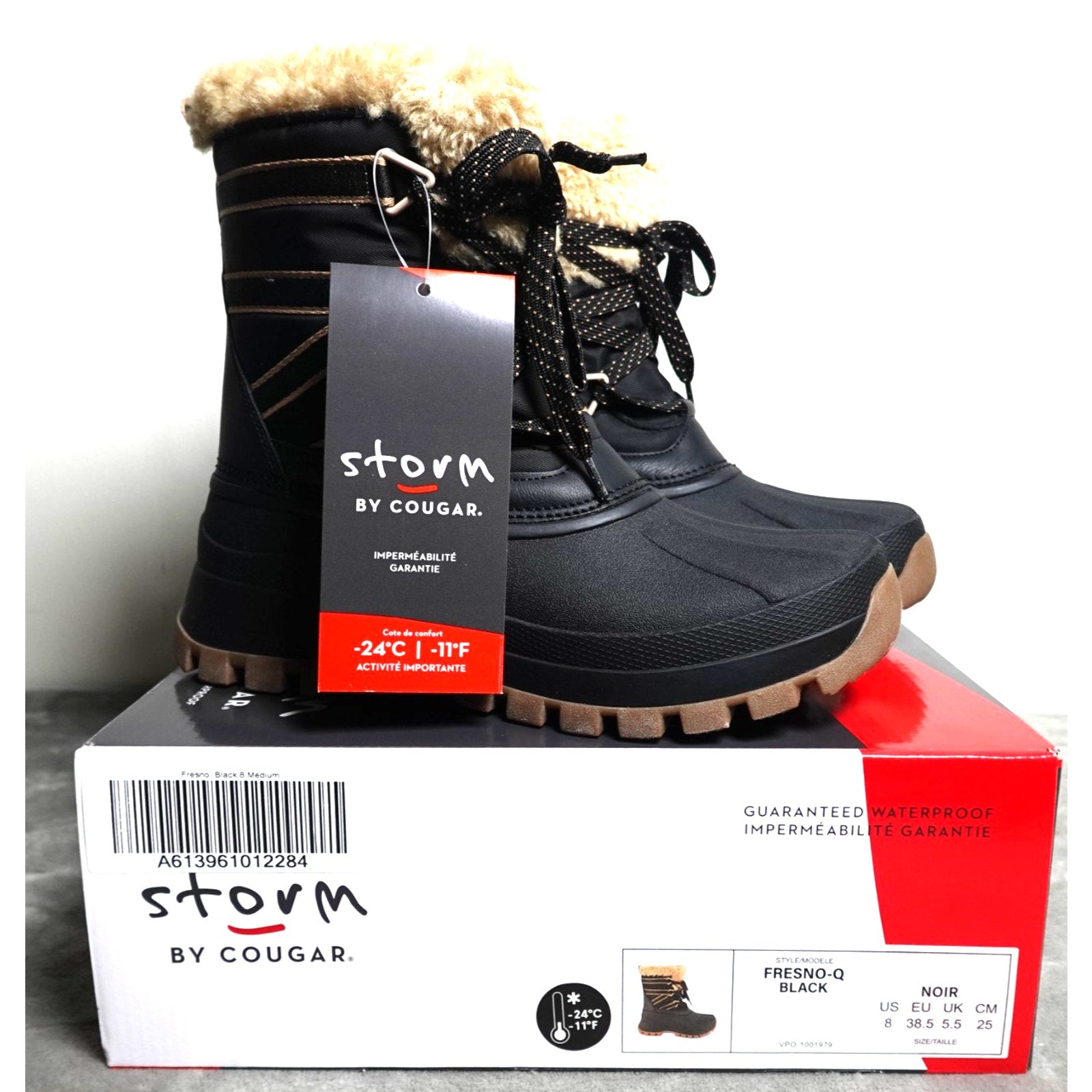 New Cougar Fresno Women’s Black Nylon Lace‑Up Snow Boots Size 8M Faux Fur Waterp