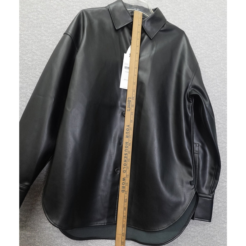 Women's Faux Leather Relaxed Shirt Jacket Black Beauty - Medium