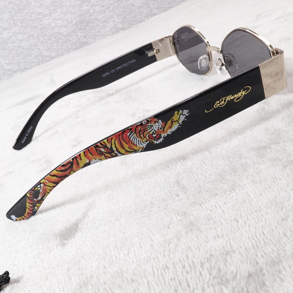 Ed Hardy Tiger Tattoo Narrow Hexagon Sunglasses Streetwear Y2K UV400 NEW