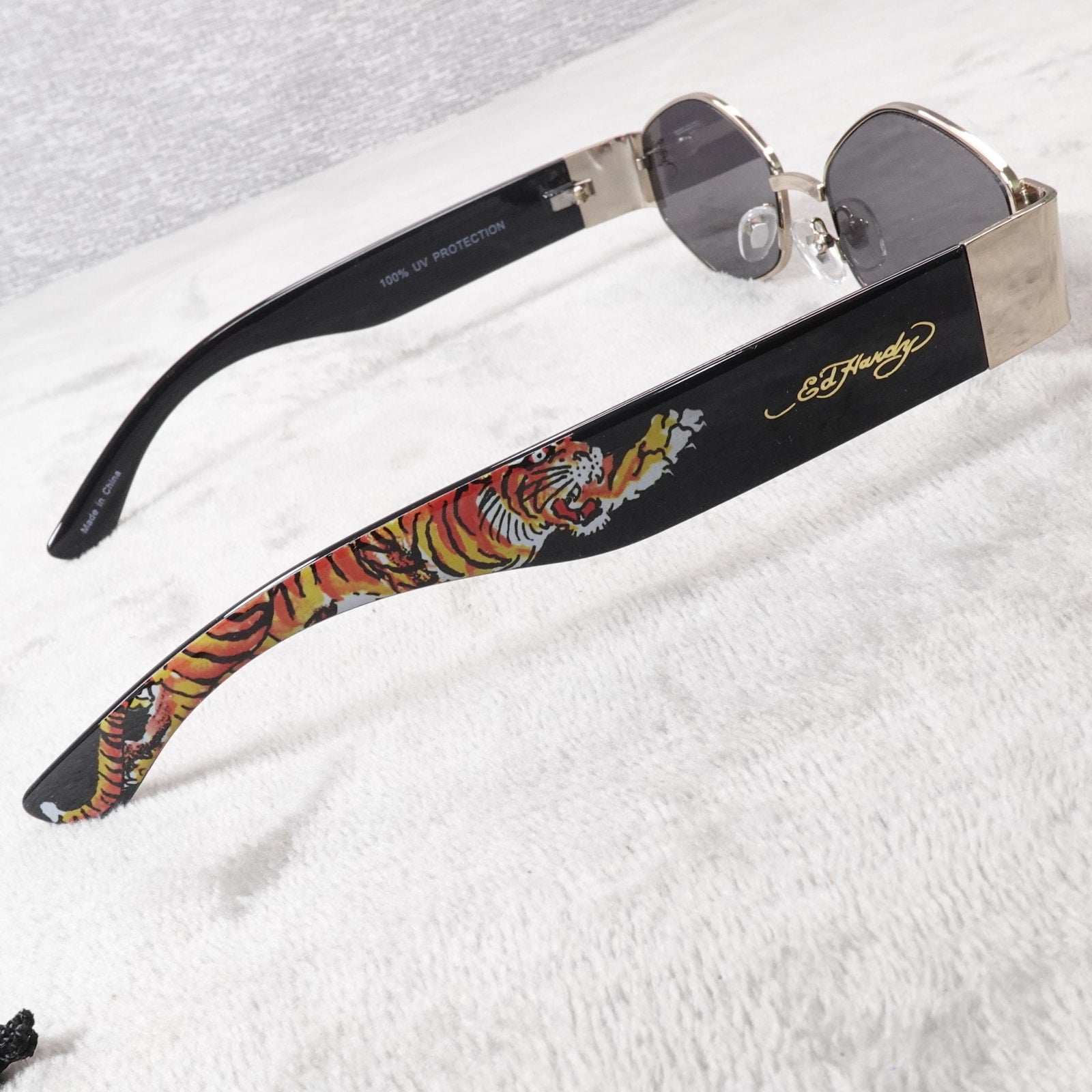 Ed Hardy Tiger Tattoo Narrow Hexagon Sunglasses Streetwear Y2K UV400 NEW