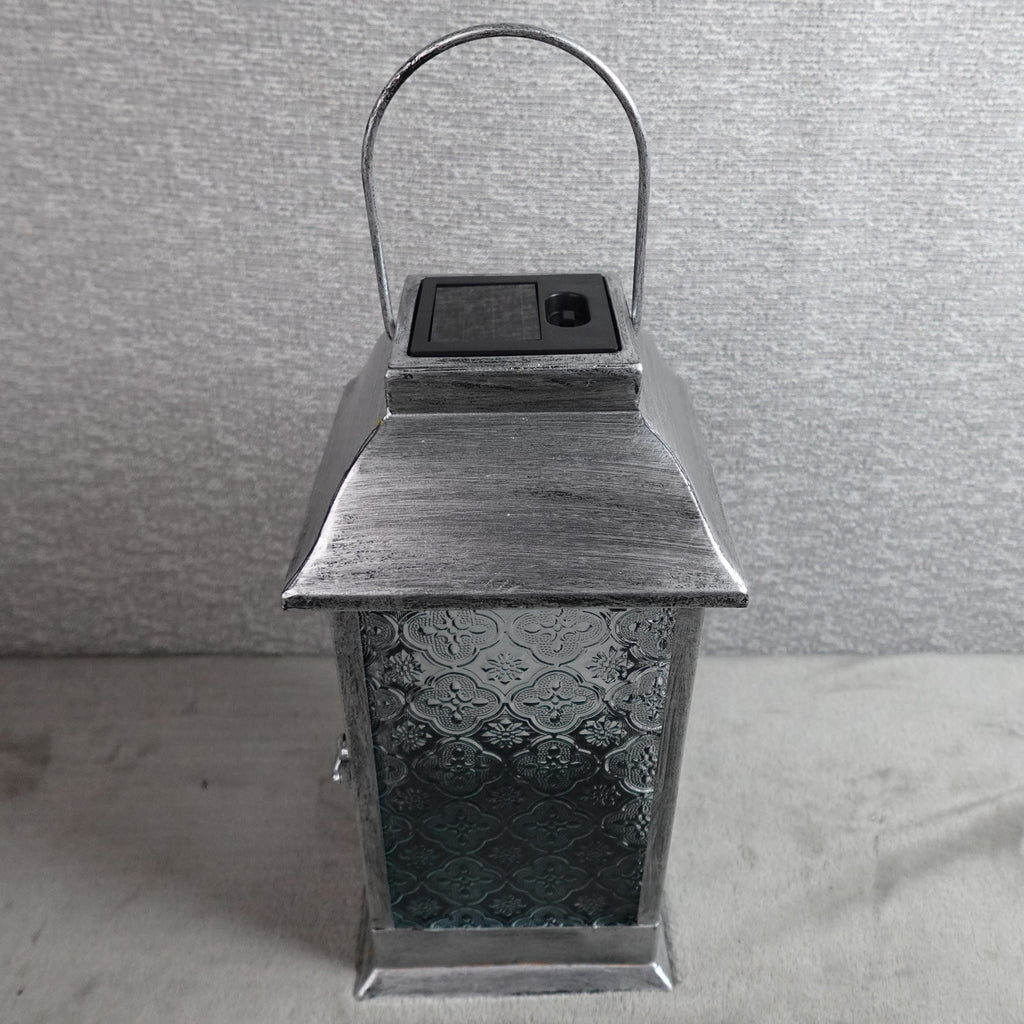 Barbara King 12" Solar Powered Embossed Glass Metal Lantern Silver NEW