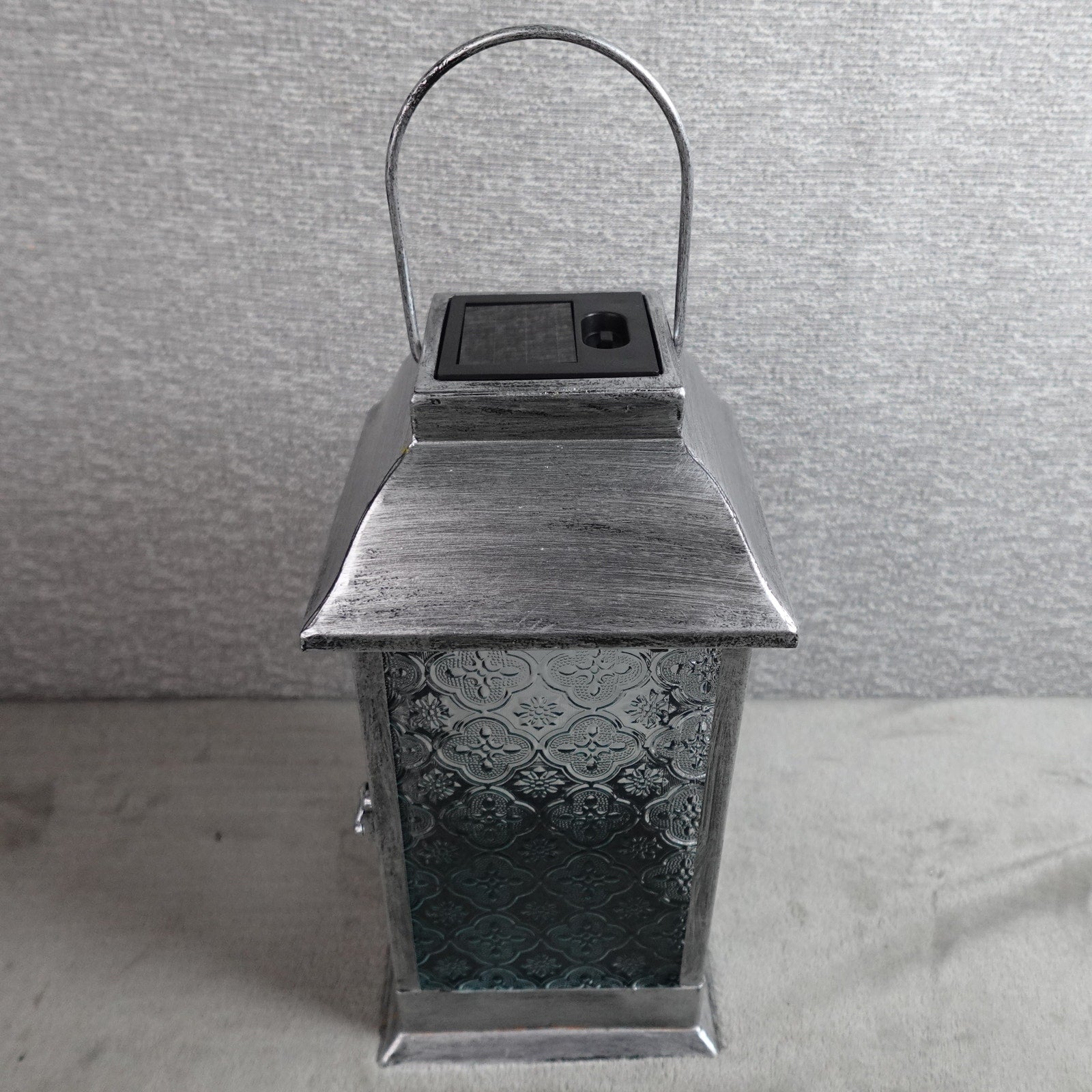 Barbara King 12" Solar Powered Embossed Glass Metal Lantern Silver NEW