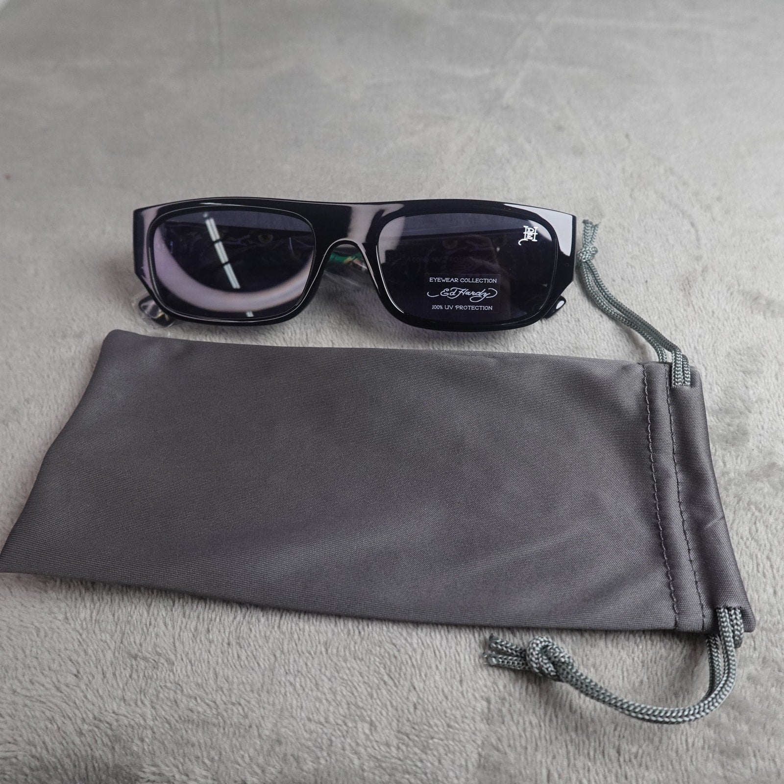 Ed Hardy Panther Sunglasses Black Rectangular UV Protection NEW