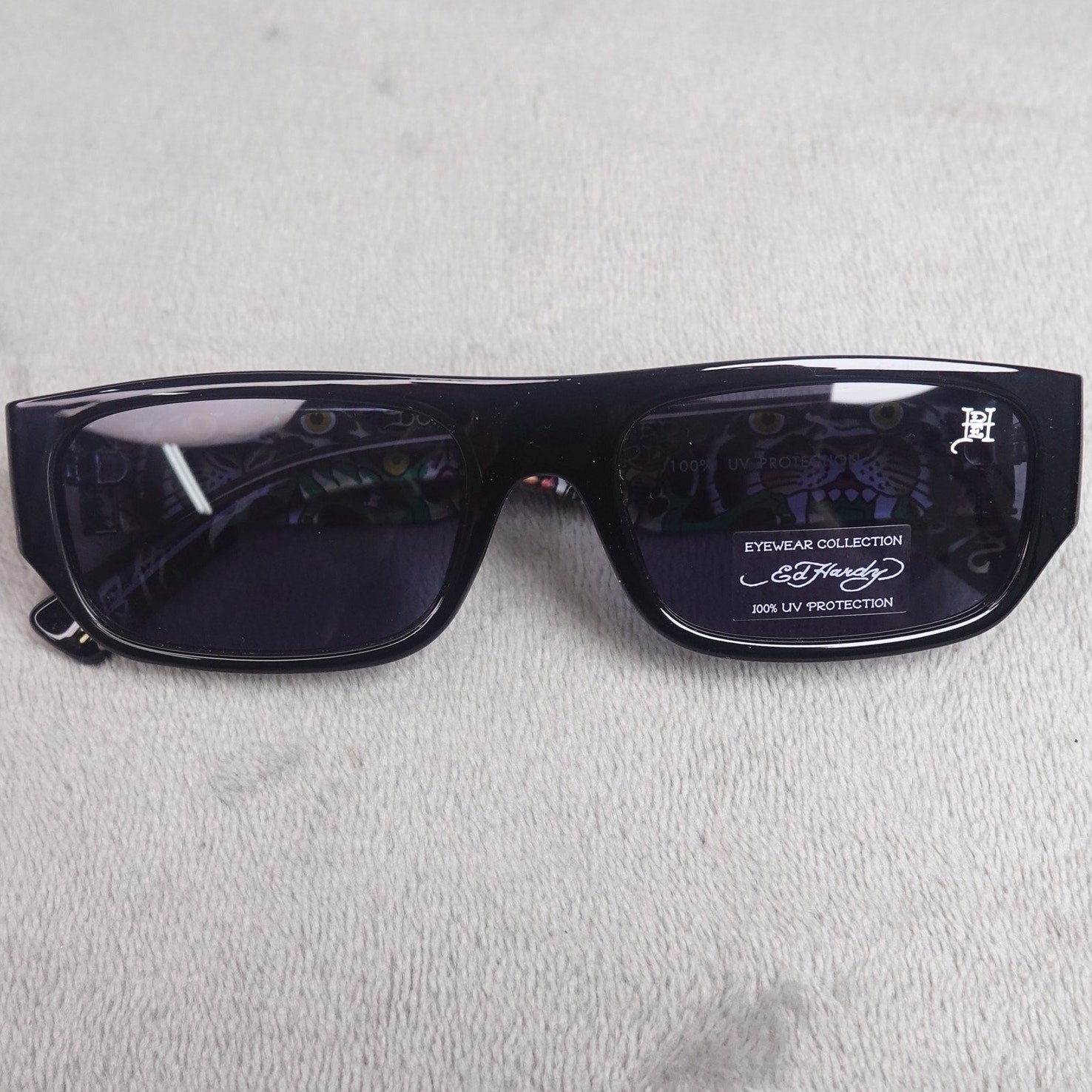 Ed Hardy Panther Sunglasses Black Rectangular UV Protection NEW