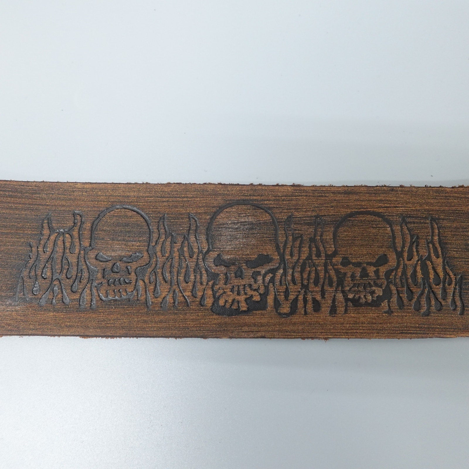Brown Leather Bracelet w/ Flame & Skulls Embossed SL-24