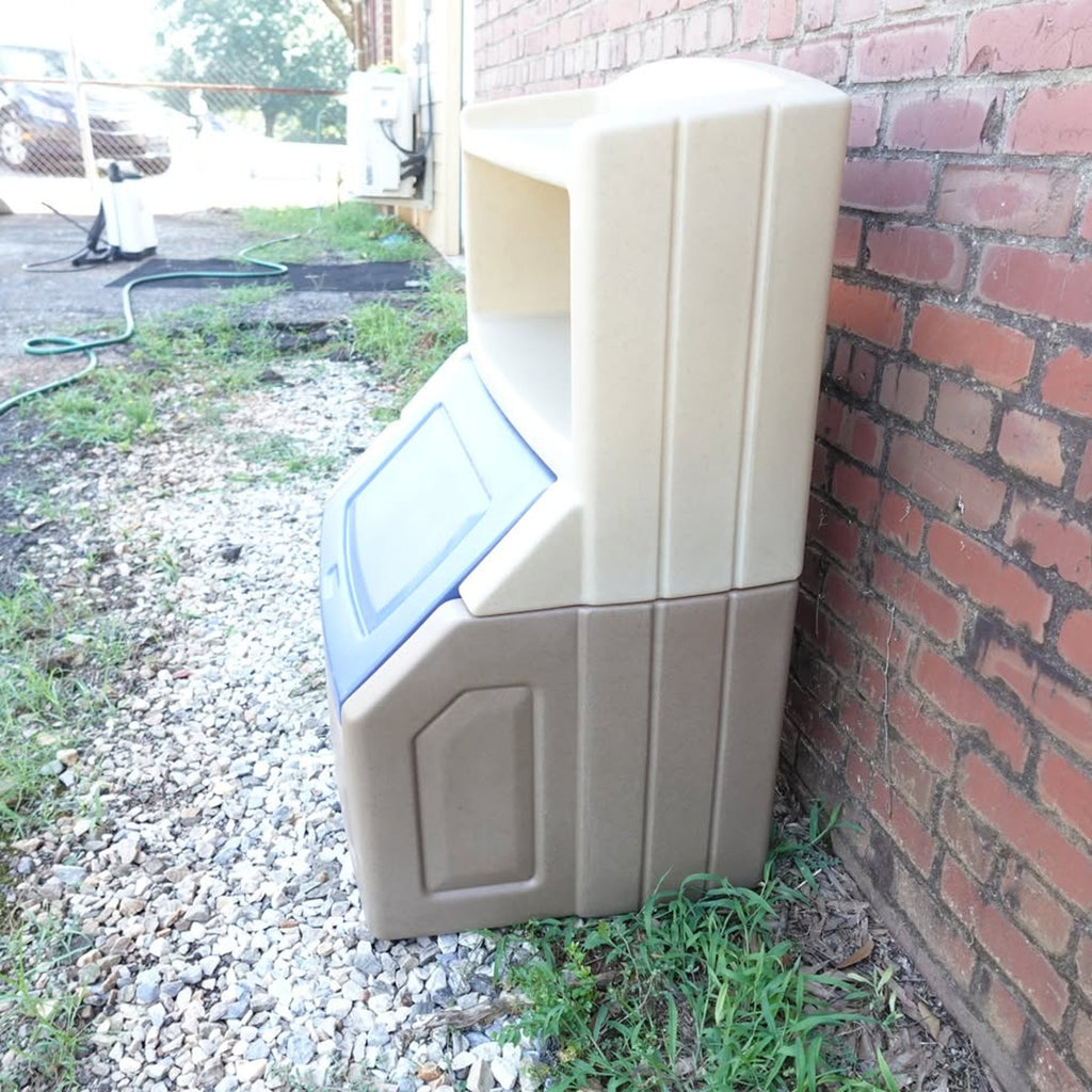 Step2 Lift & Hide Brown and Blue 38" Tall Plastic Toddler Bookcase and Kid Toy Box and Toy Storage