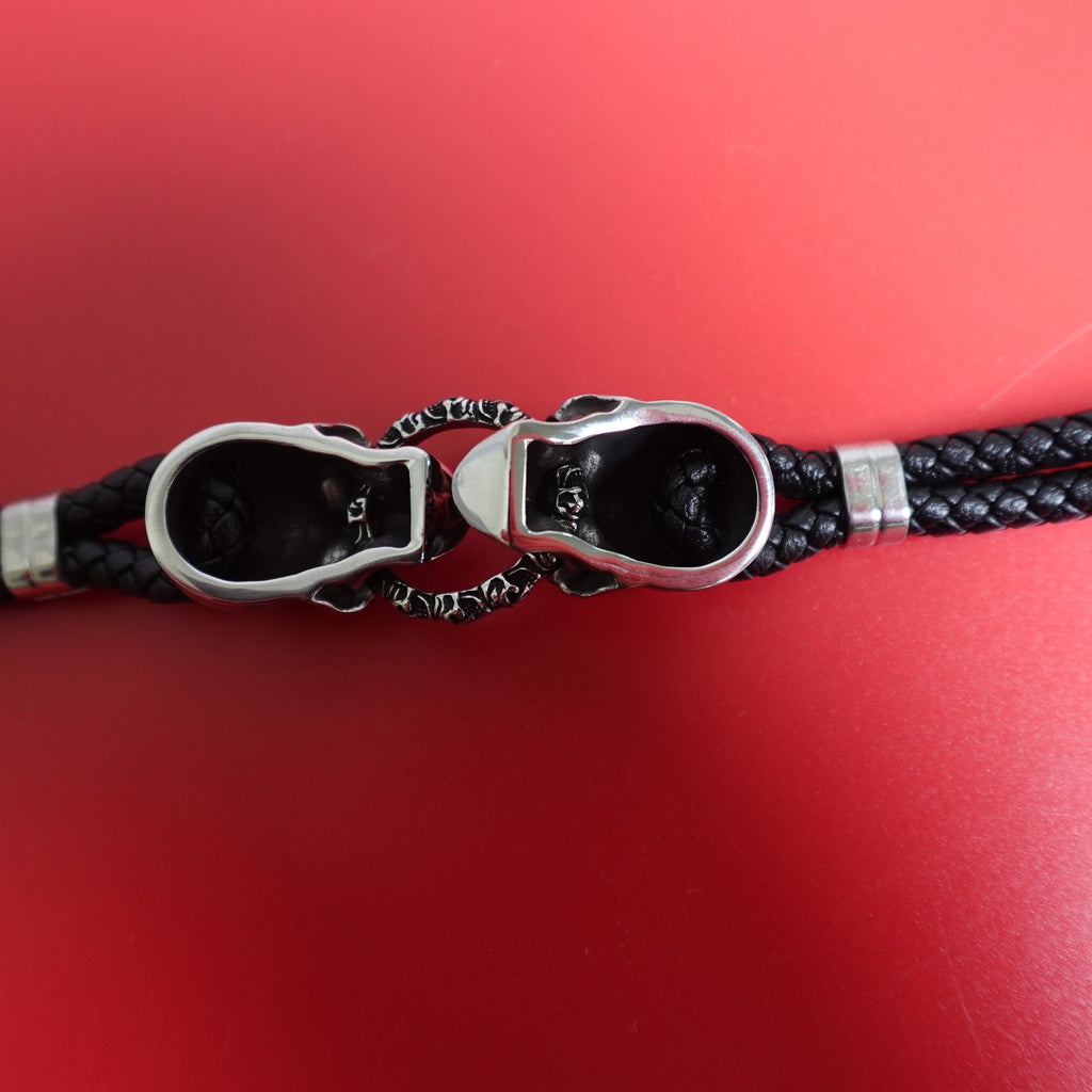 Black Braided Leather Stainless Steel Skull Bracelet DB-1233