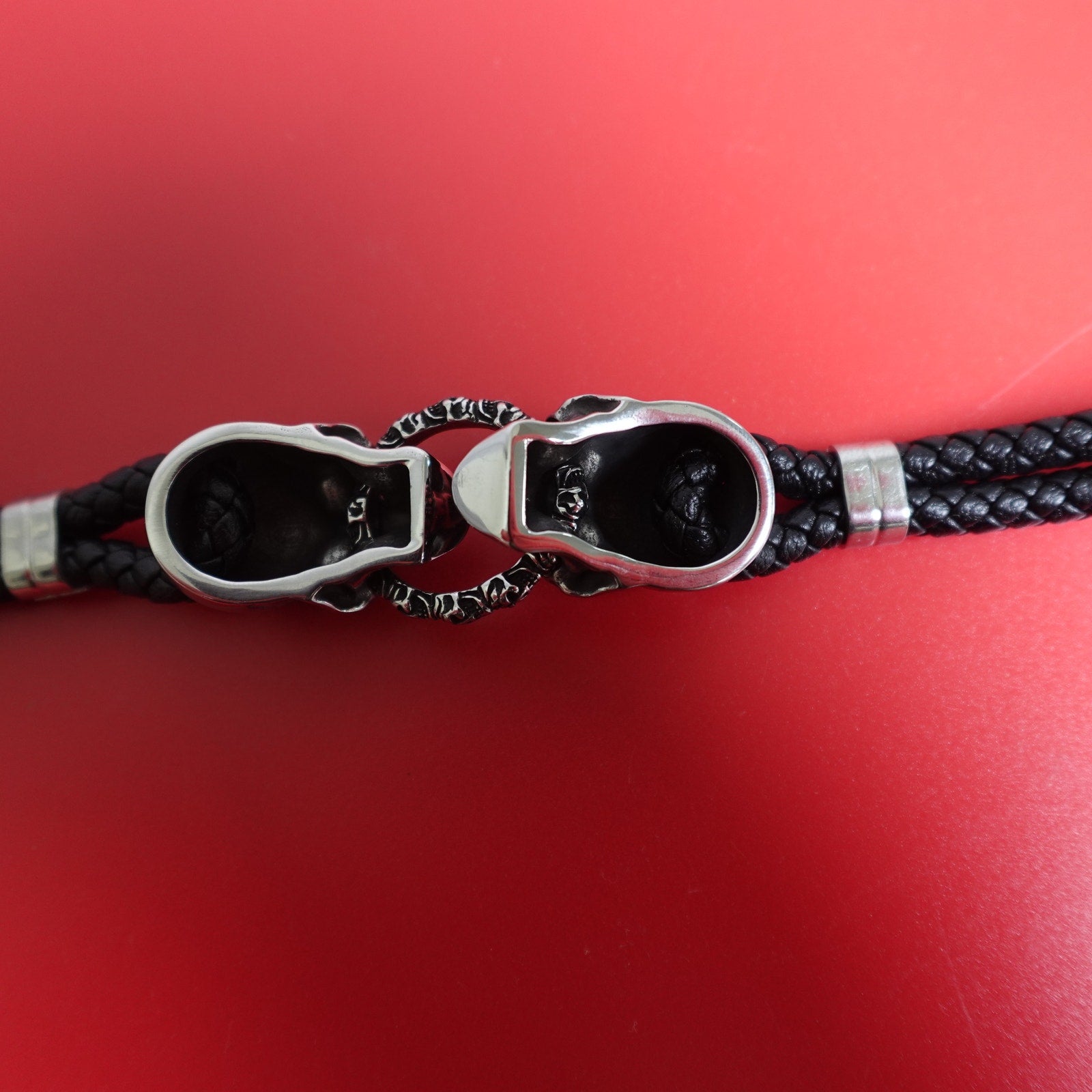 Black Braided Leather Stainless Steel Skull Bracelet DB-1233