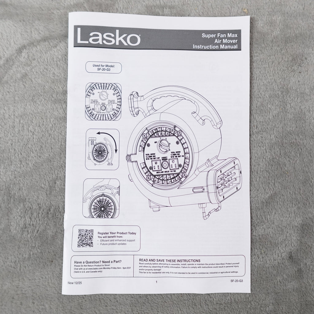 Lasko Super Fan Max SF-20-G3 4-Speed Air Mover Blower Fan New Open Box