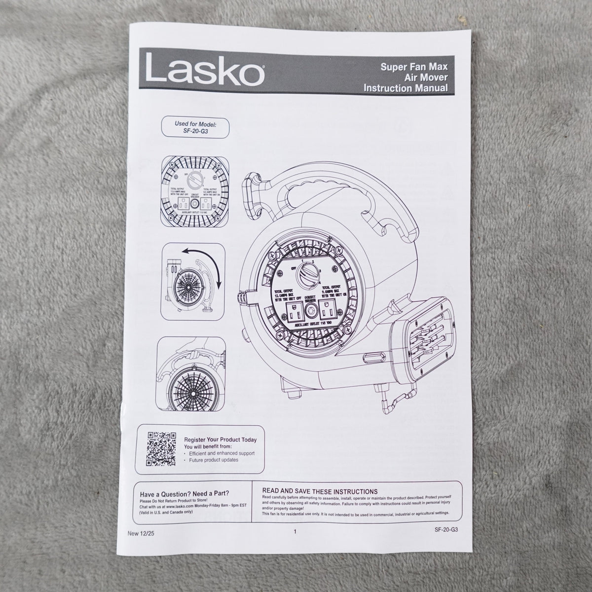 Lasko Super Fan Max SF-20-G3 4-Speed Air Mover Blower Fan New Open Box