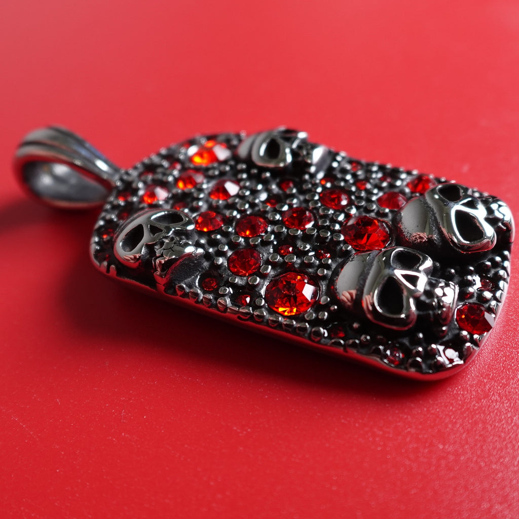 Stainless Steel Red Cubic Zirconia Encrusted Dog Tag with Skulls SP-1810
