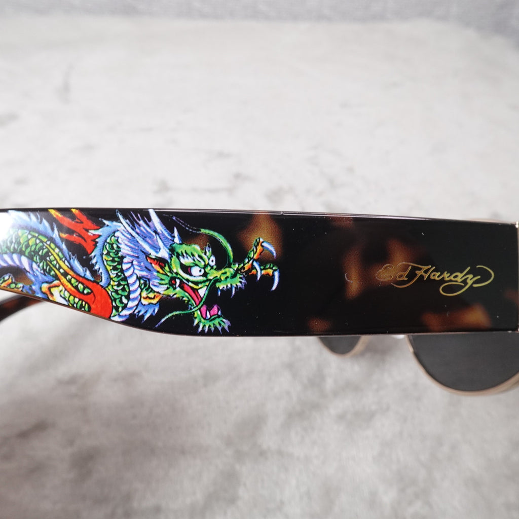 Ed Hardy Dragon House Annunciation Y2K Sunglasses Unisex Brown Tortoise VTG New