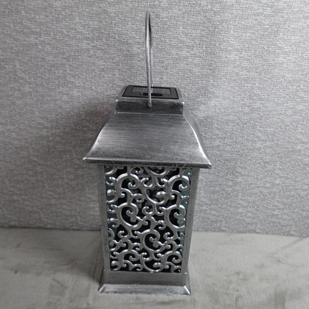 Barbara King 12" Solar Powered Embossed Glass Metal Lantern Silver NEW