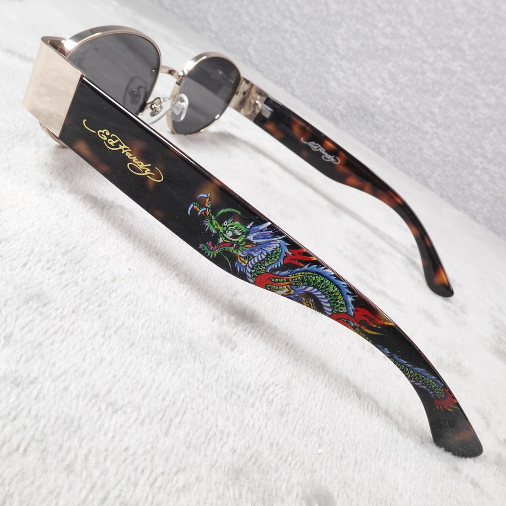 Ed Hardy Dragon House Annunciation Y2K Sunglasses Unisex Brown Tortoise VTG New