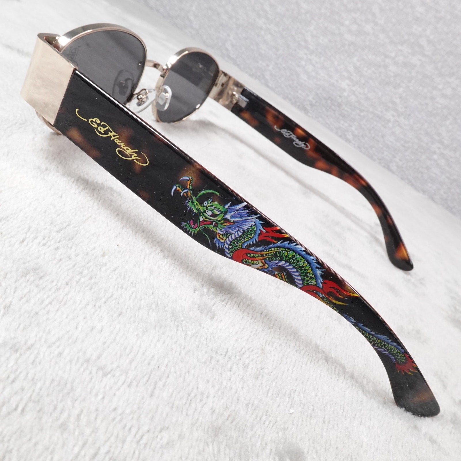 Ed Hardy Dragon House Annunciation Y2K Sunglasses Unisex Brown Tortoise VTG New