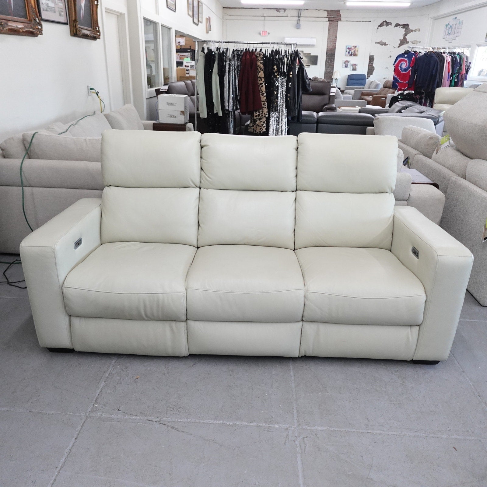 Abbyson Kramer Leather Power Reclining Sofa Cream 3 Seat Recliner Couch
