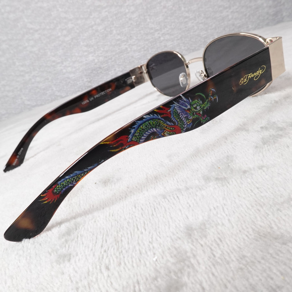 Ed Hardy Dragon House Annunciation Y2K Sunglasses Unisex Brown Tortoise VTG New