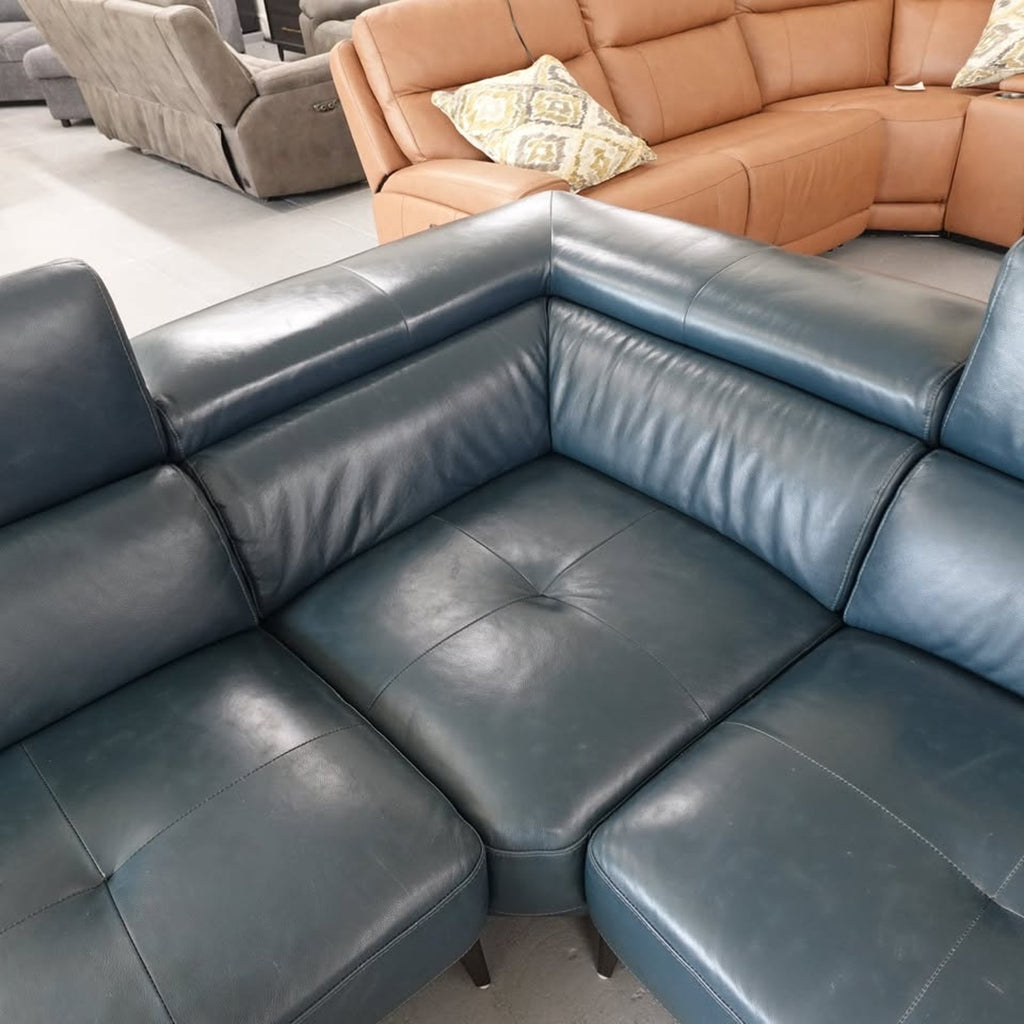 Abbyson Quinton Top Grain Leather Sectional with Adjustable Headrests, Blue