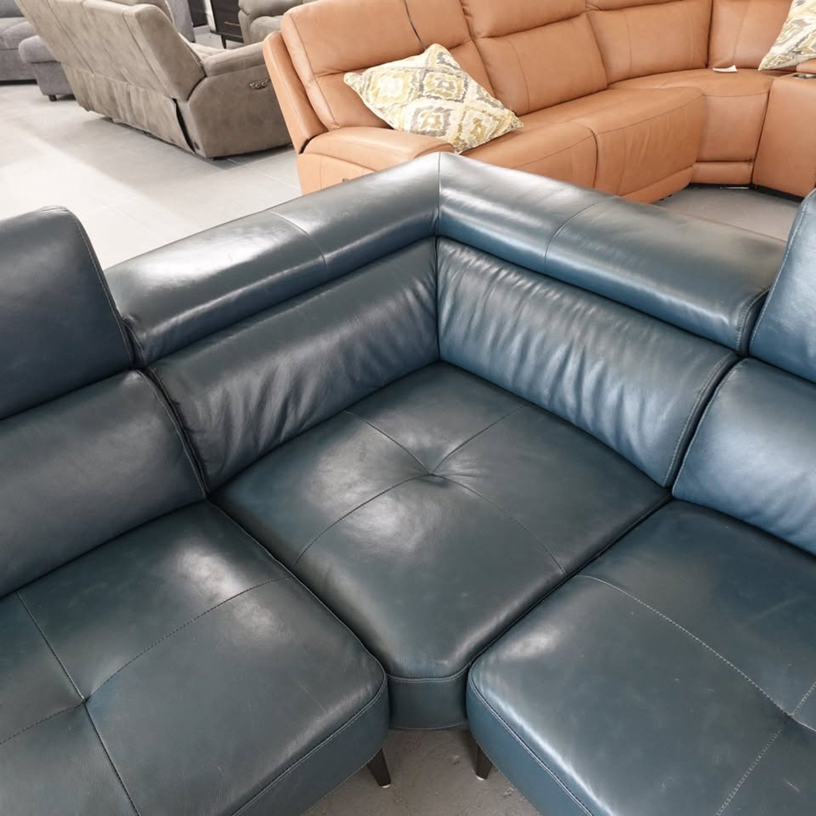 Abbyson Quinton Top Grain Leather Sectional with Adjustable Headrests, Blue