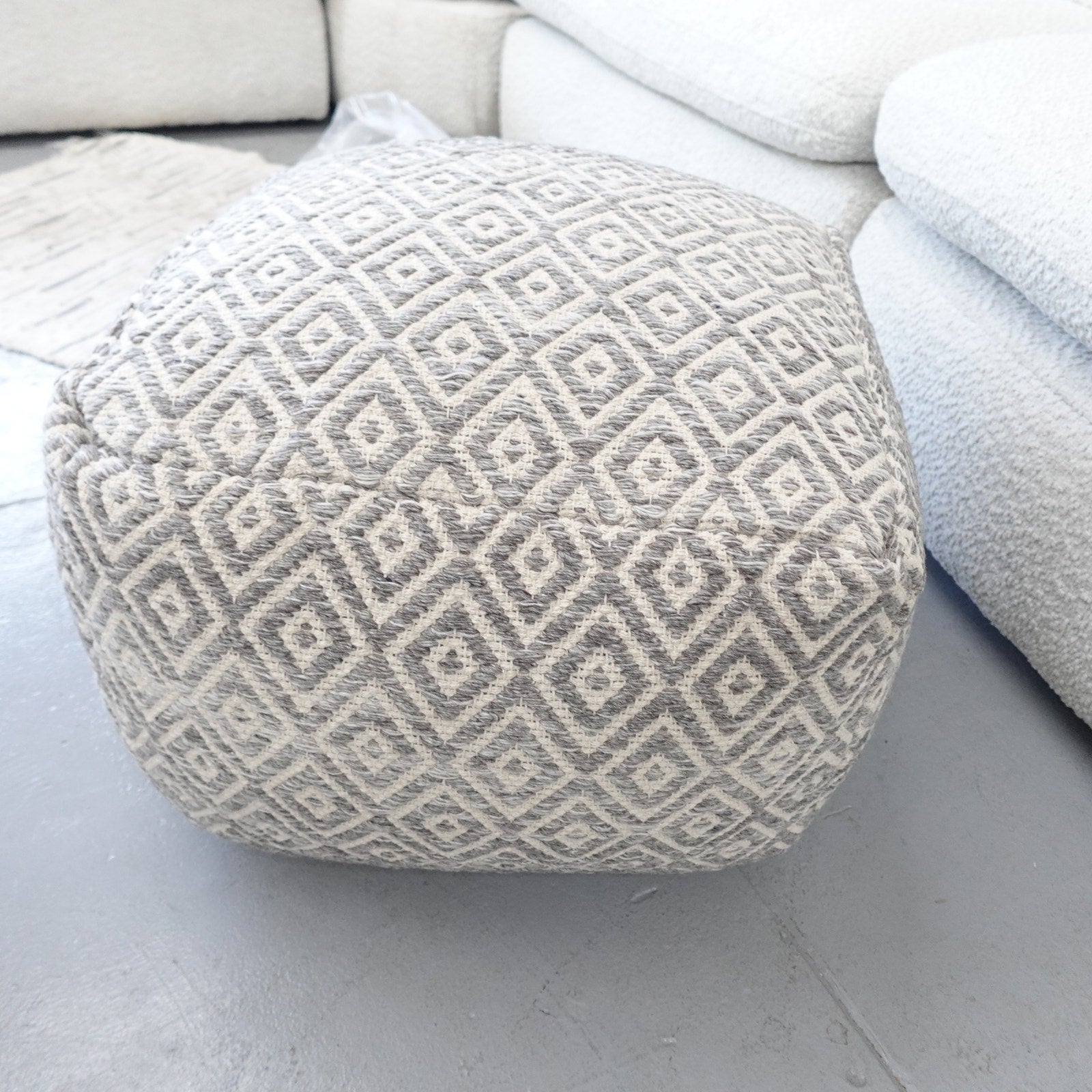 Anji Mountain Cherokee Slate Ottoman Pouf Woven 20" sq. x 16" Diamond Gray NEW