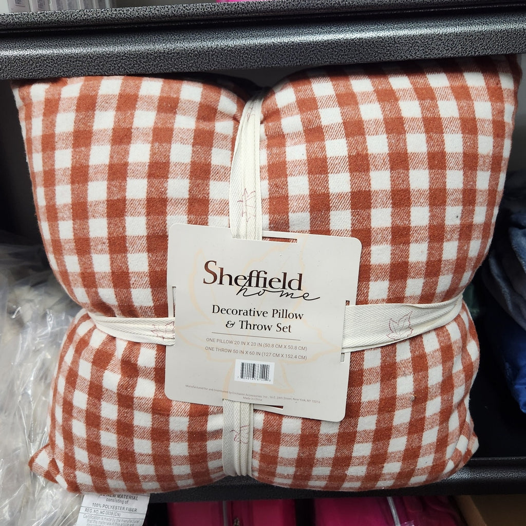 Sheffield Home Decorative Pillow & Throw Set Gingham Rust White NEW