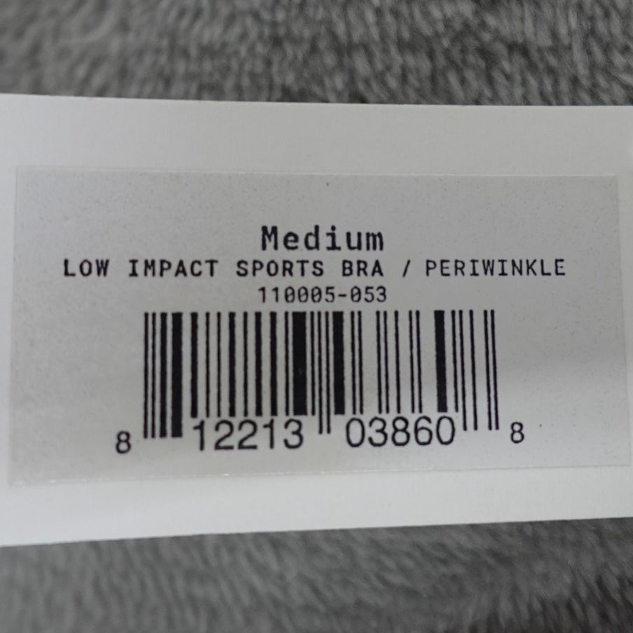 NWT SHEFIT Medium Adjustable Sports Bra, Zip Front Low Impact No Wire Periwinkle