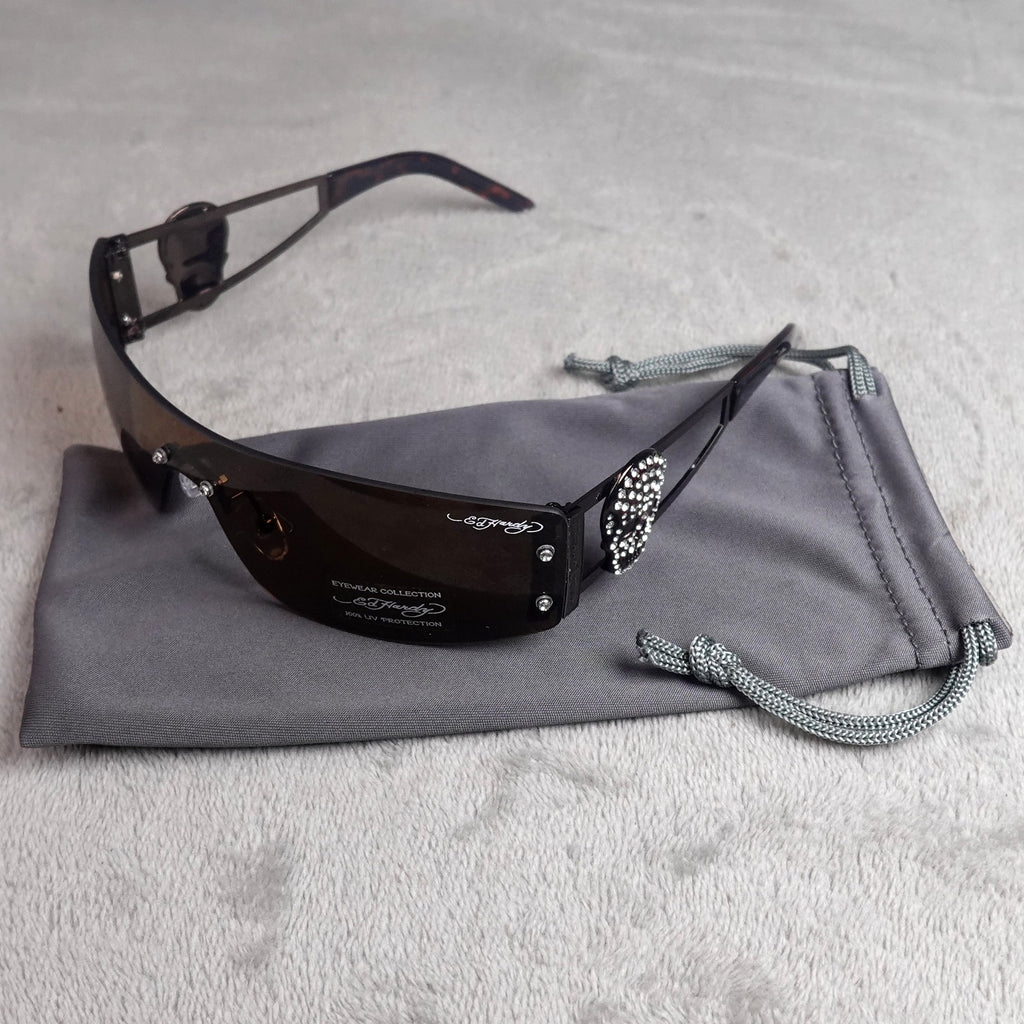 Ed Hardy Rhinestone Skull Shield Sunglasses Brown Gradient UV400 NEW