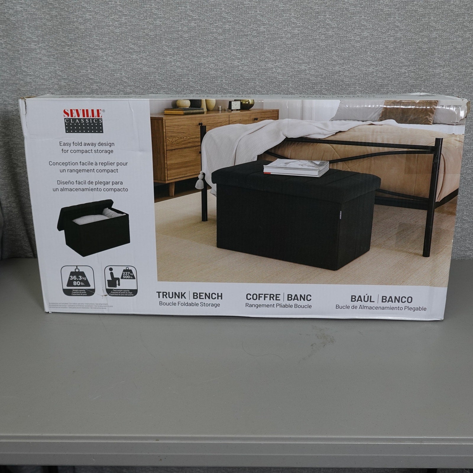 Seville Classics Boucle Foldable Trunk Ottoman - Black