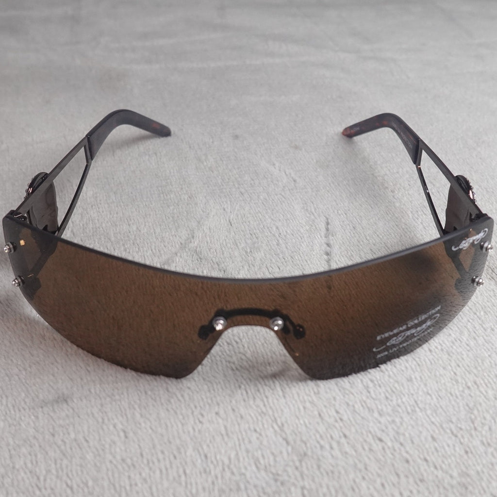 Ed Hardy Rhinestone Skull Shield Sunglasses Brown Gradient UV400 NEW