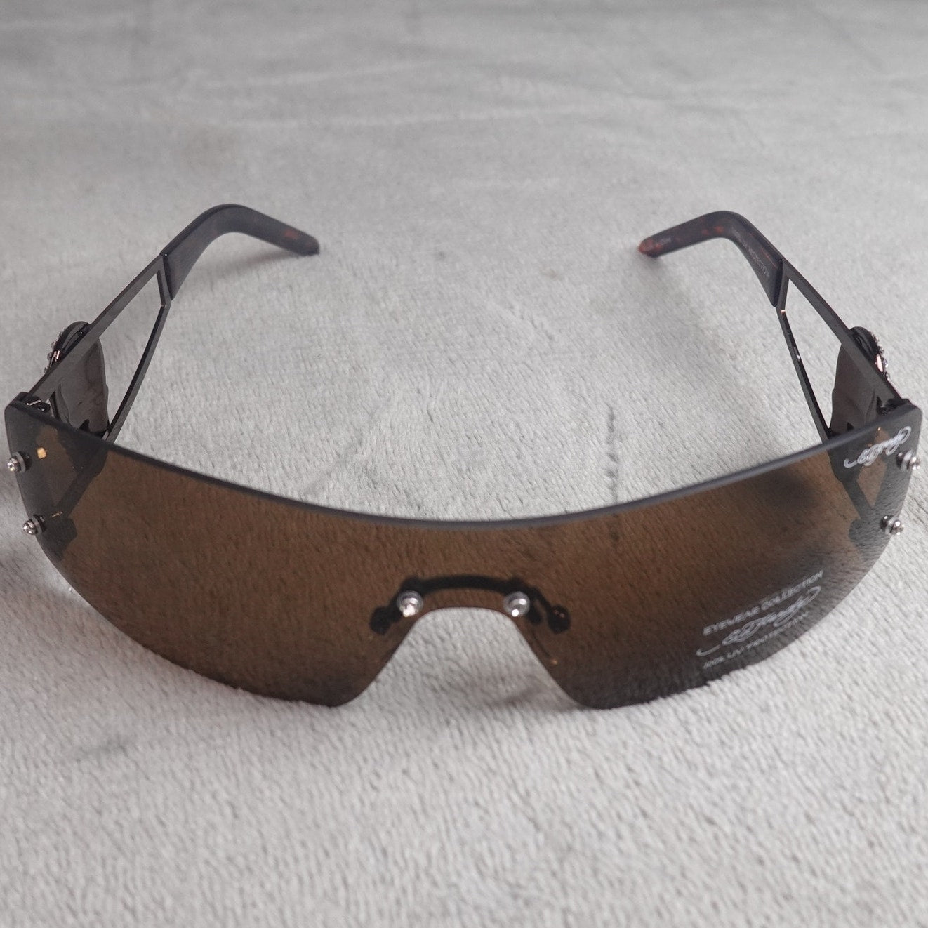 Ed Hardy Rhinestone Skull Shield Sunglasses Brown Gradient UV400 NEW