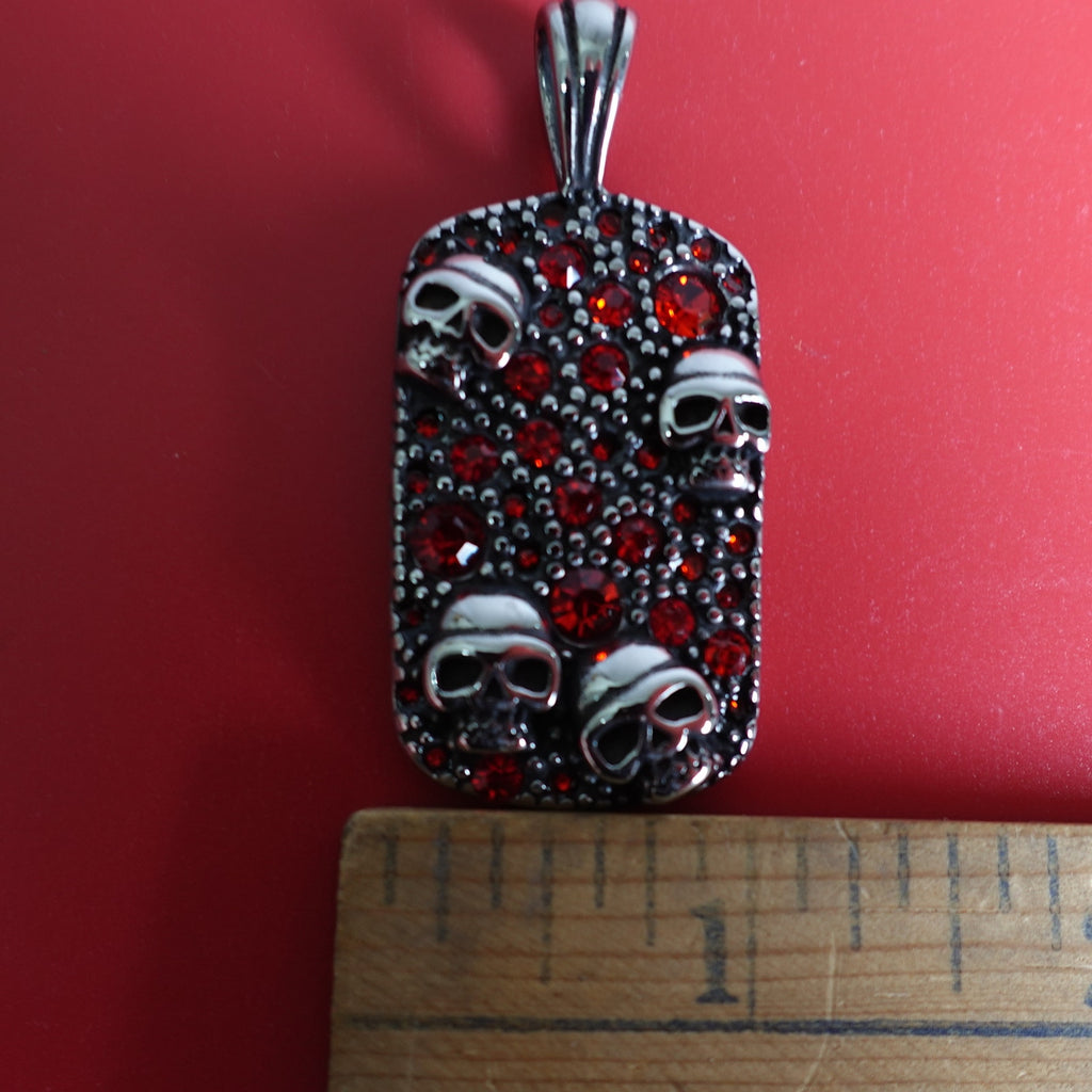 Stainless Steel Red Cubic Zirconia Encrusted Dog Tag with Skulls SP-1810