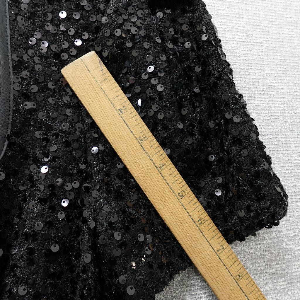 Donna Karan New York Size 14 Black Sequin Short Sleeve ButtonUp Belted Dress NWT