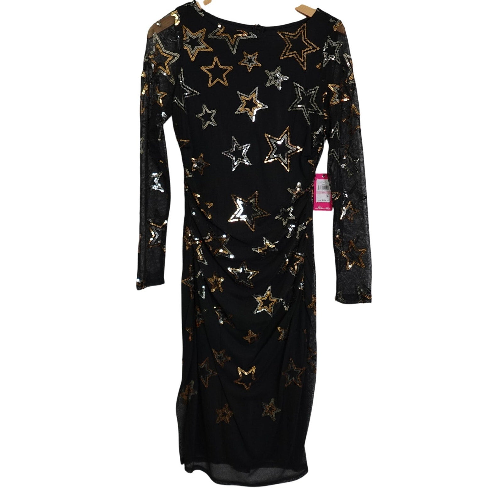 Vince Camuto Black Long Sleeve Mesh Dress with Sequin Stars Women's Size 10