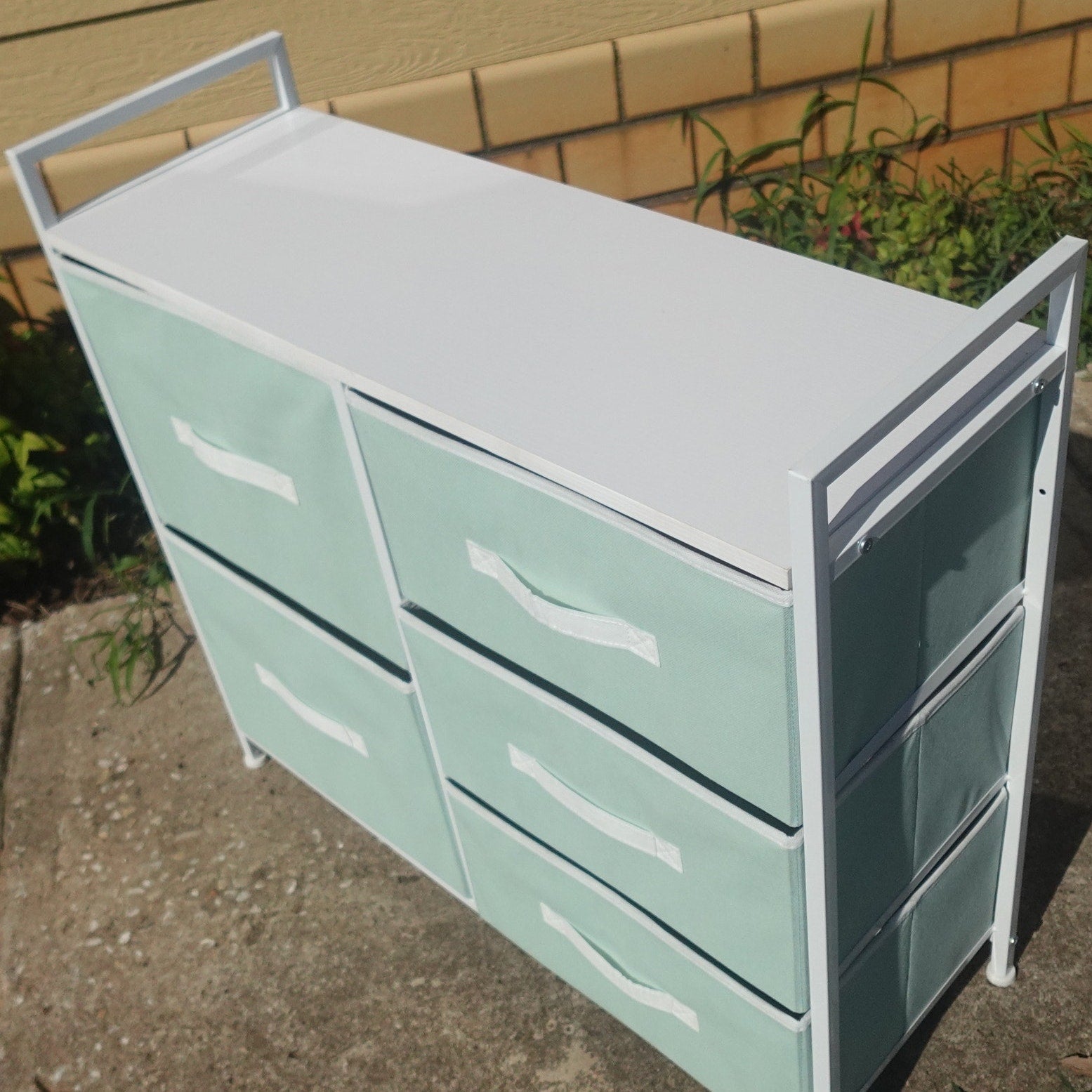 mDesign 5 Drawer Fabric Storage Dresser Wood Top Steel Frame Mint Green NEW