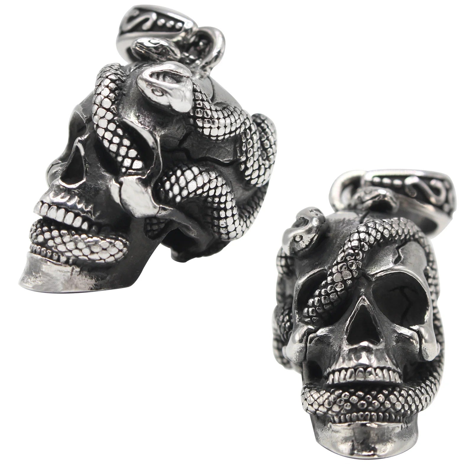 Stainless Steel Skull Head with Snake Around Pendant SP-631