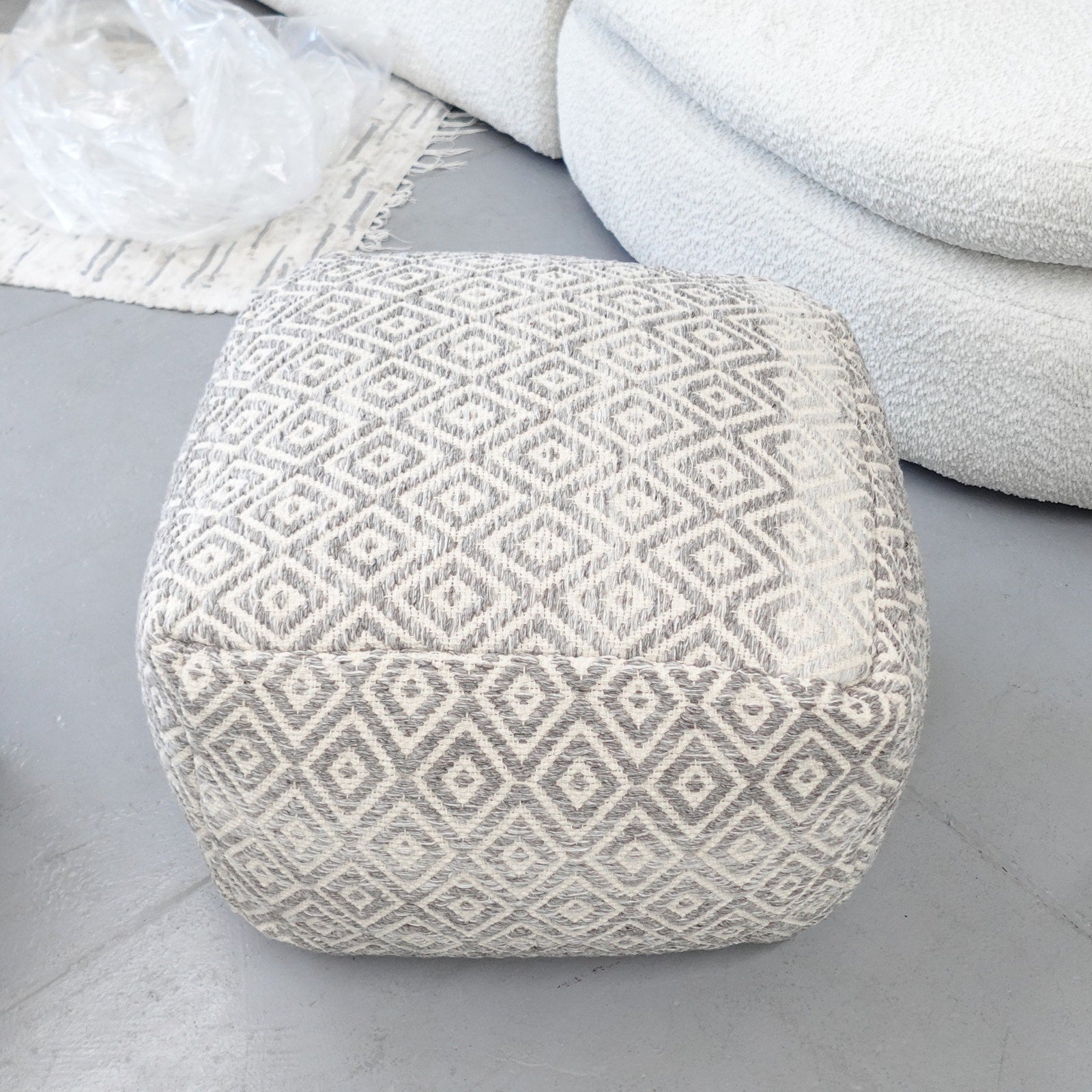 Anji Mountain Cherokee Slate Ottoman Pouf Woven 20" sq. x 16" Diamond Gray NEW