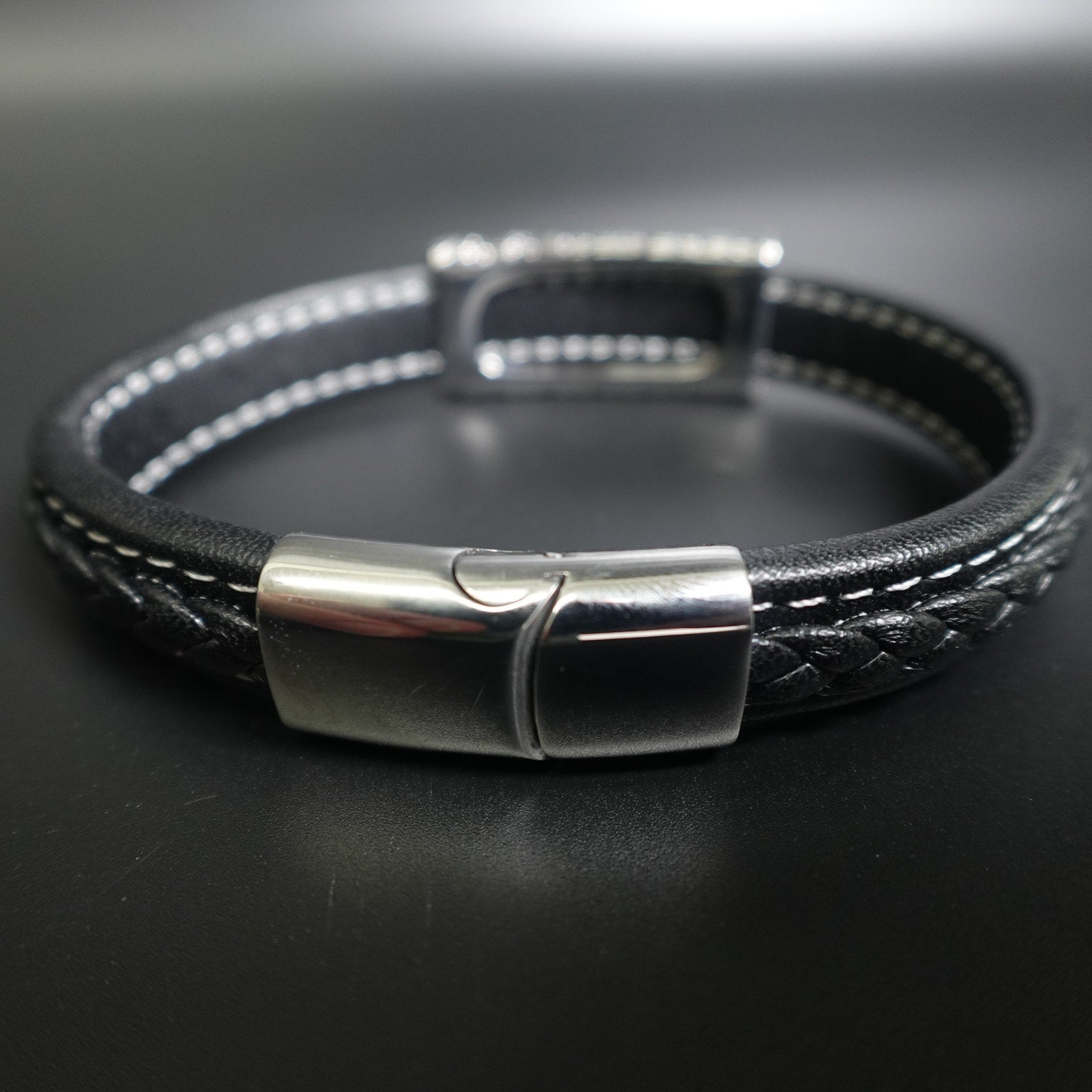 Stainless Steel & Leather Bracelet w/ Turquoise Stone SBR-6746