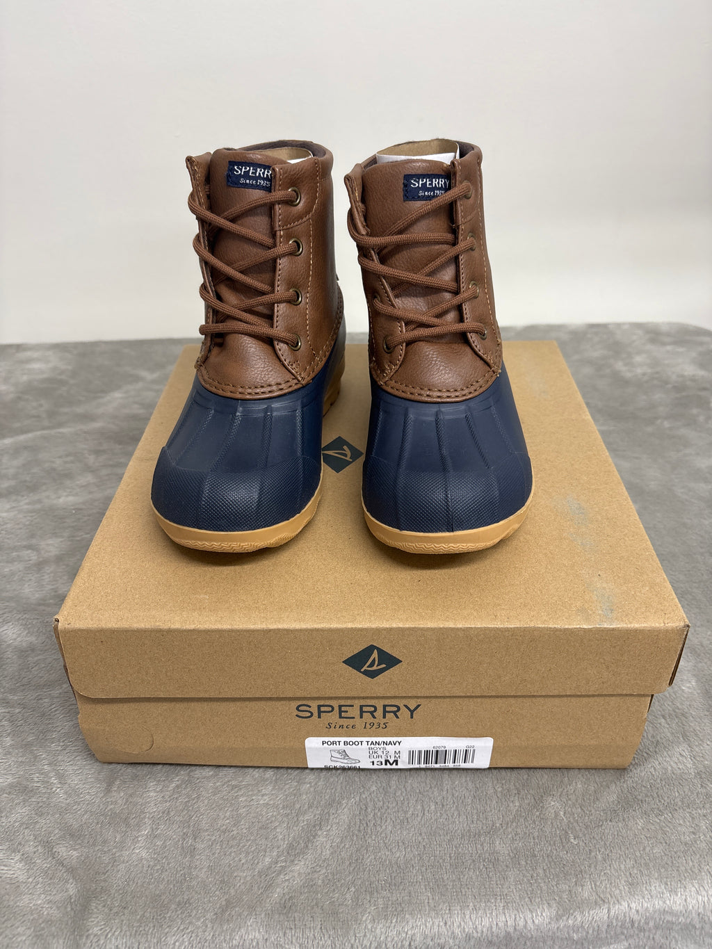 Sperry Port Duck Boots Boys Size 13M Tan Navy SCK263661